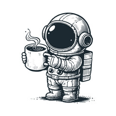 Cute astronaut hold a coffee cup. Black white vector icon and logo illustration. © Maryoto