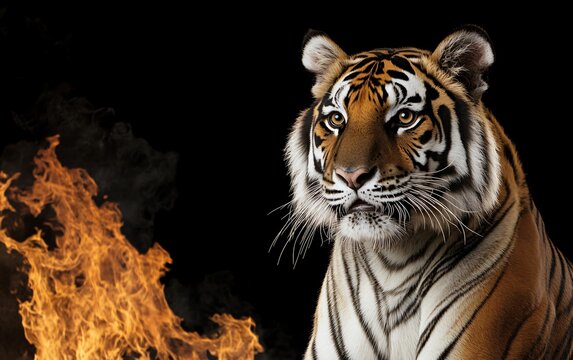 Fierce Tiger Portrait with Burning Flames Background