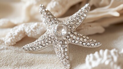 A starfish-inspired brooch with shimmering stones, placed on a sandy textured background.