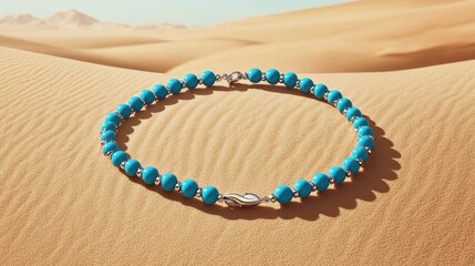 A turquoise bead necklace with a silver clasp displayed on a desert sand gradient.