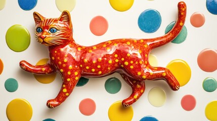A whimsical cat-shaped brooch with enamel details, displayed on a playful polka dot background.