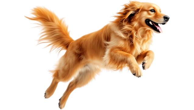 Golden retriever mid-air jump with playful expression, flowing fur and energetic pose, isolated on transparent background