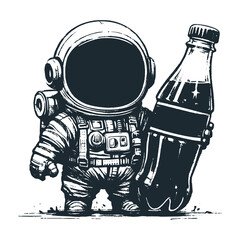 Cute astronaut hold a drinking water bottle. Black white vector icon and logo illustration.	