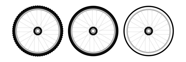 Bicycle wheel vector set. Bike tires flat and black silhouette style.