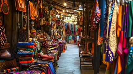 Obraz premium Bustling Traditional African Market Filled with Colorful Textiles and Goods