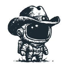 Cute astronaut wearing cowboy hat. Black white vector icon and logo illustration.  © Maryoto