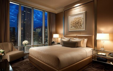 Fototapeta premium Elegant hotel-style bedroom with a plush bed, glass nightstands, soft lighting, and a large floor-to-ceiling window