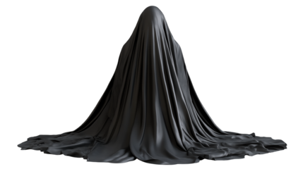 Enigmatic Cloaked Figure Sitting in Shadows, Shrouded in Layers of Dark Fabric