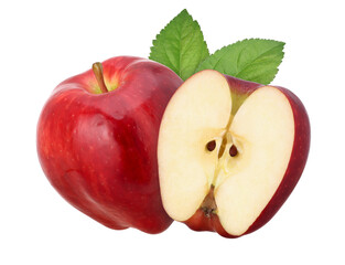 red apple (red delicious) with leaves and half isolated, transparent PNG, PNG format, cut out