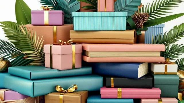 Unique christmas tree made from elegantly stacked presents and festive greenery for holiday decor inspiration