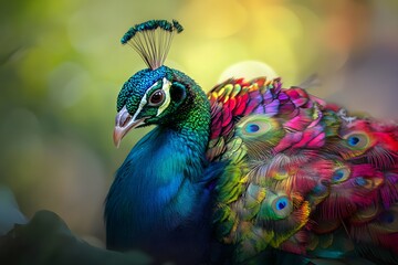 Obraz premium Majestic peacock portrait, vibrant plumage, lush garden, sunset