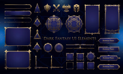 Set of Dark Fantasy Elements for user interface, poster, video. Fantasy magic HUD. Template for rpg game interface. Vector Illustration EPS10