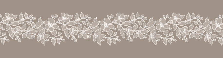 Lace floral border with branches, leaves and flowers. Beige seamless horizontal background with a beautiful hand drawn garland. Vector illustration © Victory