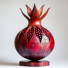 Elegant pomegranate sculpture with intricate carvings, showcasing vibrant red seeds inside, set against a minimal background.
