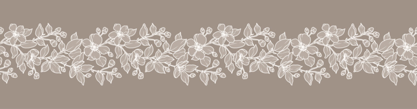 Lace floral border with branches, leaves and flowers. Beige seamless horizontal background with a beautiful hand drawn garland. Vector illustration