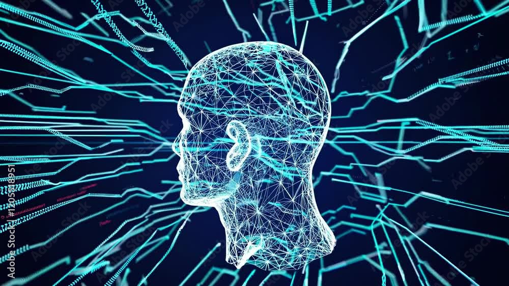 Poster digital human head made of lines and dots processing data in a complex network of connections, symbo