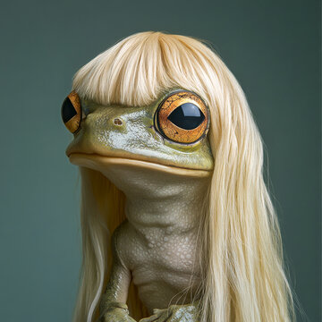 Humorous portrait of a frog wearing a long blonde wig, showcasing a surreal and whimsical artistic concept.
