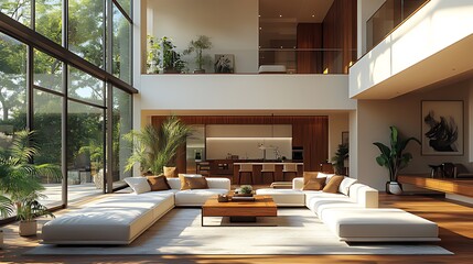 Fototapeta premium Sunlit Modern Home Interior Design, Tropical View