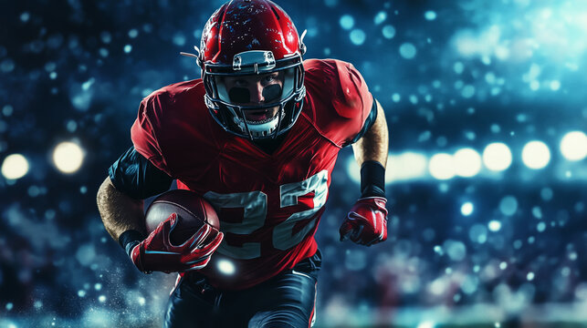 An American football player in a red jersey running with a ball on a stadium, with epic lighting, a bokeh effect, cinematic style, an action sports background.