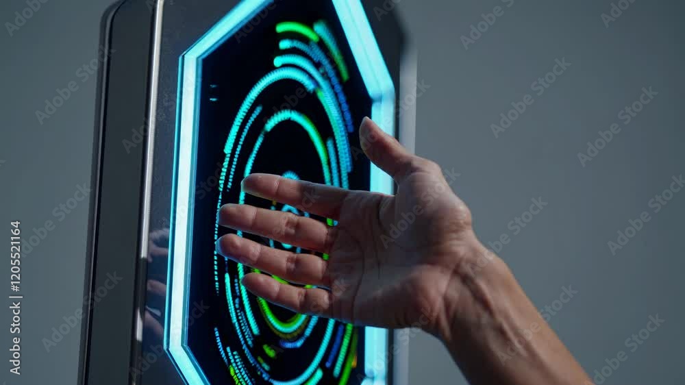 Poster hand interacting with holographic futuristic interface using augmented reality, exploring data visua