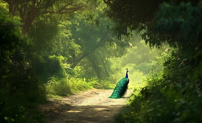 Majestic peacock on forest path, sunrise, nature, tranquility, poster