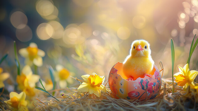 Fototapeta urocza kartka z życzeniami z okazji wielkanocy. wielkanocne pisklę w pisance wśród żonkili. wielkanoc