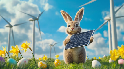 Fototapeta premium Wielkanocny zając z panelem fotowoltaicznym. Kartka na Wielkanoc. Promocja OZE, fotowoltaika, czyste powietrze.