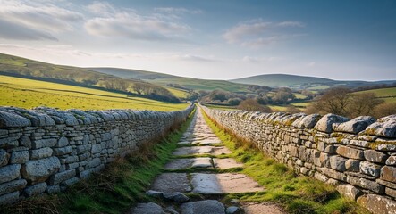 Ancient stone road with rolling hills in the distance