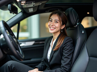 Positive pleased business woman sitting in a car 