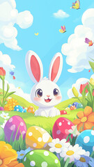 Kresk&oacute;wkowa kartka wielkanocna. Życzenia na Wielkanoc z wielkanocnym zającem i pisankami 