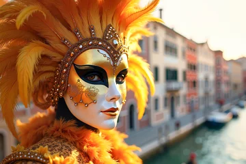 Gordijnen Golden carnival mask adorned with vibrant feathers in picturesque Venetian backdrop, celebrating Venice Carnival. © Olga