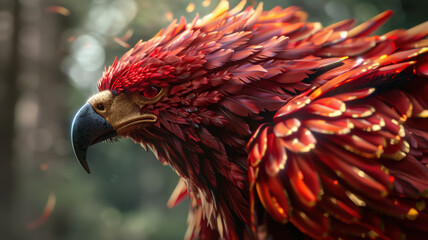 A massive ruby and gold eagle with vibrant red feathers and sparkling rubies, featuring high-quality, intricate details and a lifelike appearance.