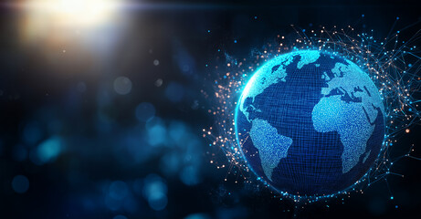 digital representation of Earth with global network, showcasing interconnected nodes and vibrant blue colors. This evokes sense of technology and connectivity