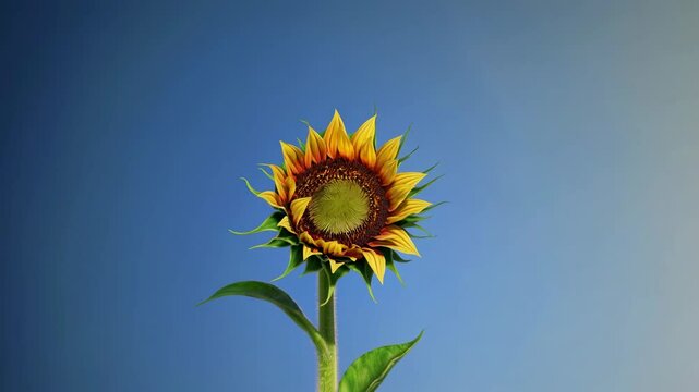 Close-up of a sunflower revealing the mesmerizing fibonacci sequence in its seed arrangement, set against a serene blue backdrop, creating a captivating display of nature's mathematical beauty