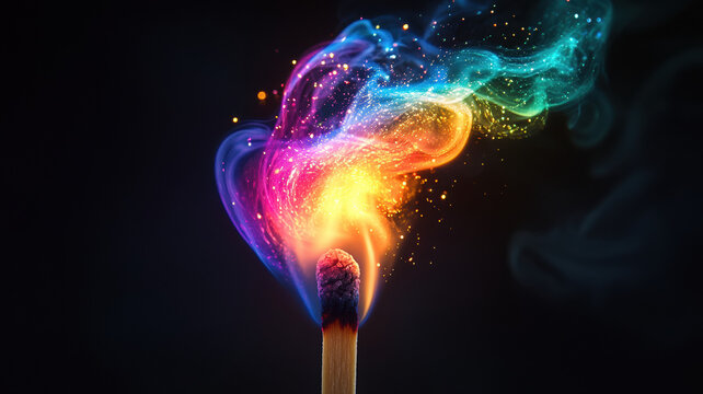 A macro shot of a lit match against a black background, with a vibrant neon flame in pink, blue, green, and yellow, emitting rainbow sparks and colorful smoke tendrils. - Powered by Adobe