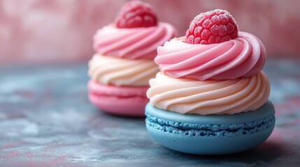 Pink macarons topped with fresh raspberries