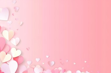 Paper pink hearts fly on soft pink color background, border, copy space. Valentine day concept for design.
