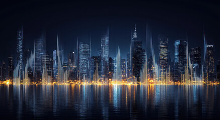 Obraz premium Vibrant city skyline illuminated by numerous lights stands against the night sky, with reflections shimmering on the water's surface, creating a captivating visual experience.