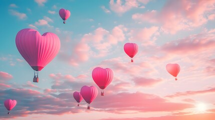 Heart-Shaped Hot Air Balloons Floating in Colorful Sky at Sunset