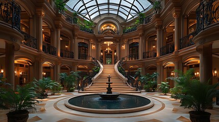Obraz premium Grand Mansion Interior Atrium Staircase Fountain Luxury