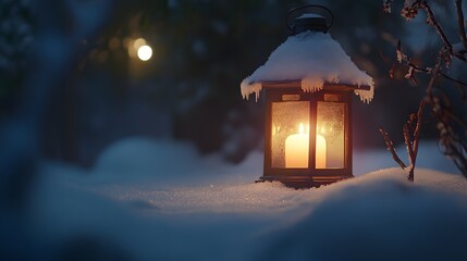 Snow-covered lantern glows in winter garden at night