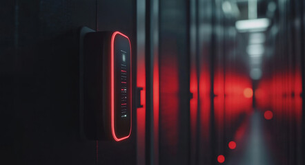 A modern security system is mounted on a sleek server rack in a data center. The area is dimly lit...