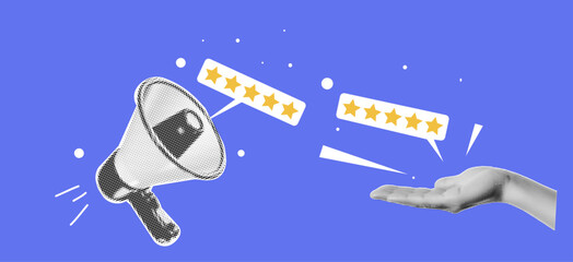 Halftone collage design with hand, loudspeaker, and star rating feedback. Retro style vector featuring customer review, social media, and survey elements.