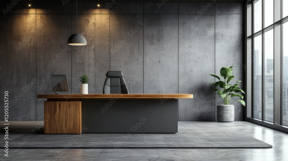 Poster minimalist workspace designed to enhance focus with ergonomic furniture and soft lighting stock phot