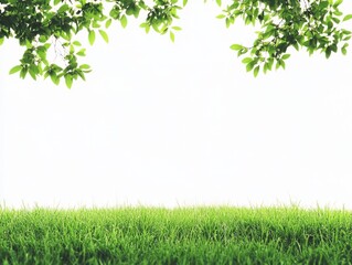 Obraz premium A serene view of green grass and leafy branches against a white background.