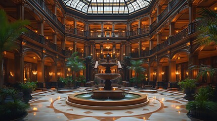 Obraz premium Luxurious hotel atrium fountain, city, evening, calm, interior design, travel, elegance, lobby, glass roof