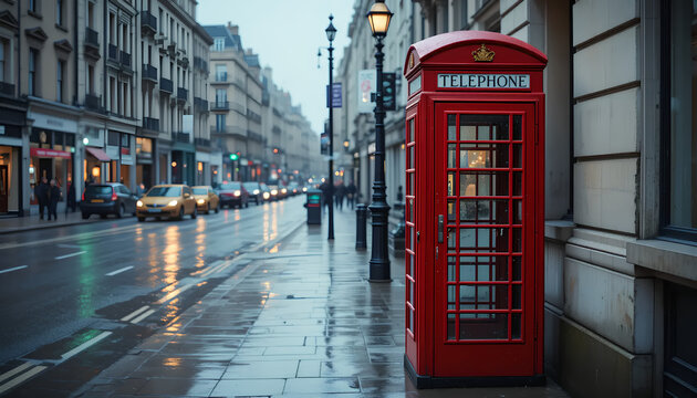 Rainy London Street: Iconic Red Phone Booth and City Life in the Mist