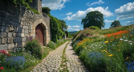 Naklejka premium Medieval cobblestone road in summer with vibrant wildflowers and blue sky