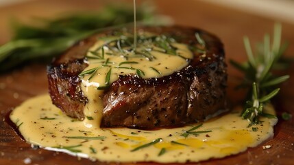 Creamy  sauce elegantly paired with a tender filet mignon.