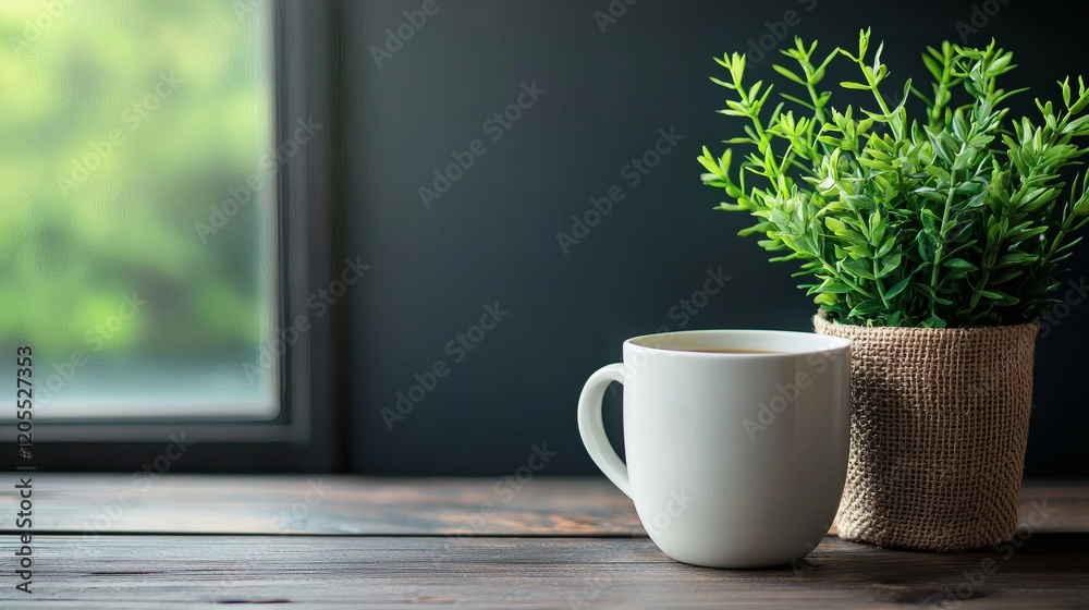 Poster remote professional achieving focus with a tidy setup including plants and motivational quotes stock